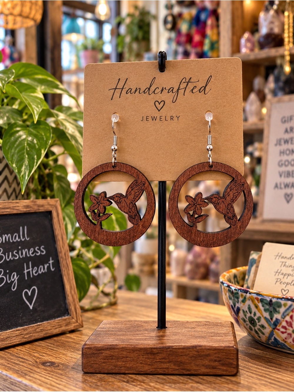 Wood Carved Hummingbird earrings